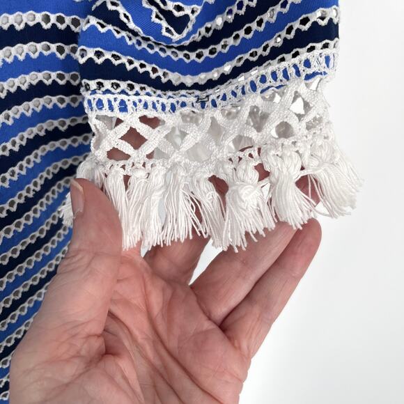 Sara Campbell Striped Eyelet Fringe Dress Sz S Blue Black White Lined Scoop Neck - Picture 7 of 12